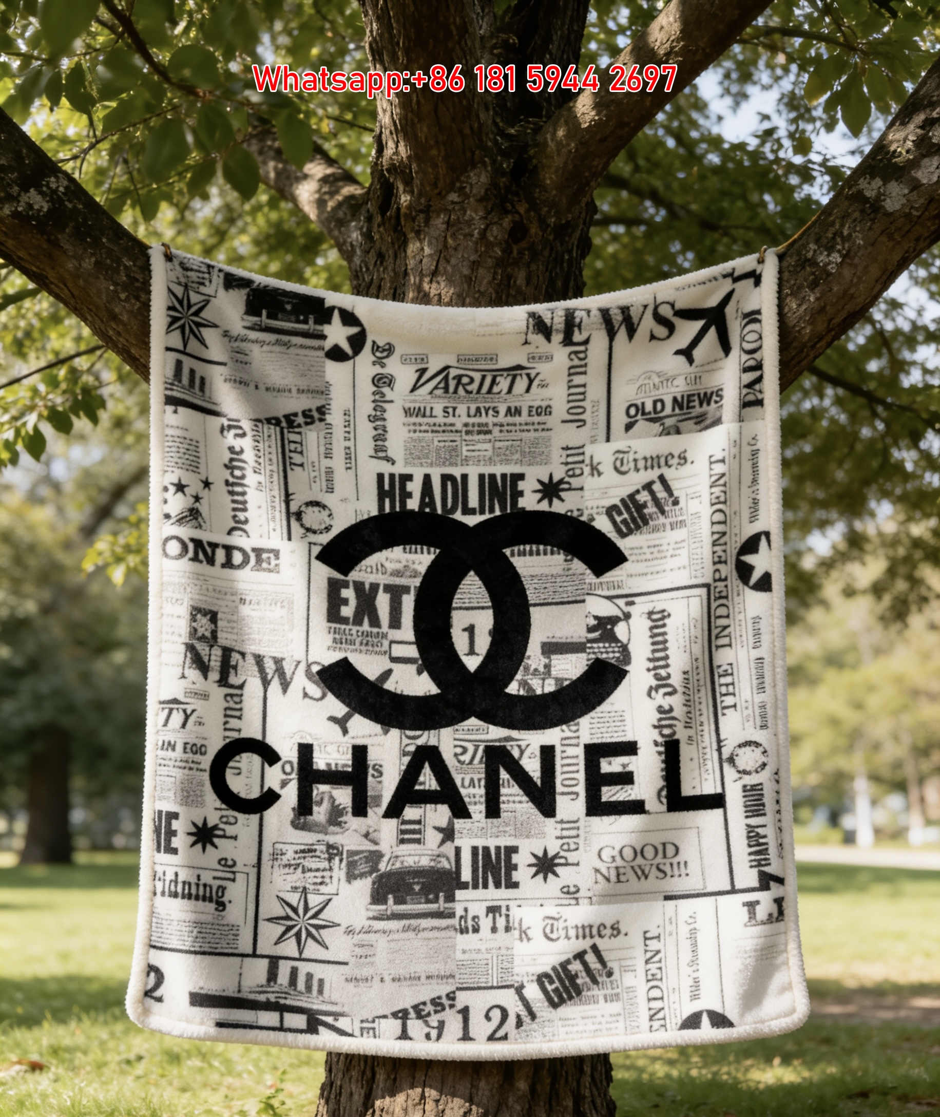 Chanel Black & White Newspaper Collage CC Logo Flannel Sofa Throw Blanket IMG_7018